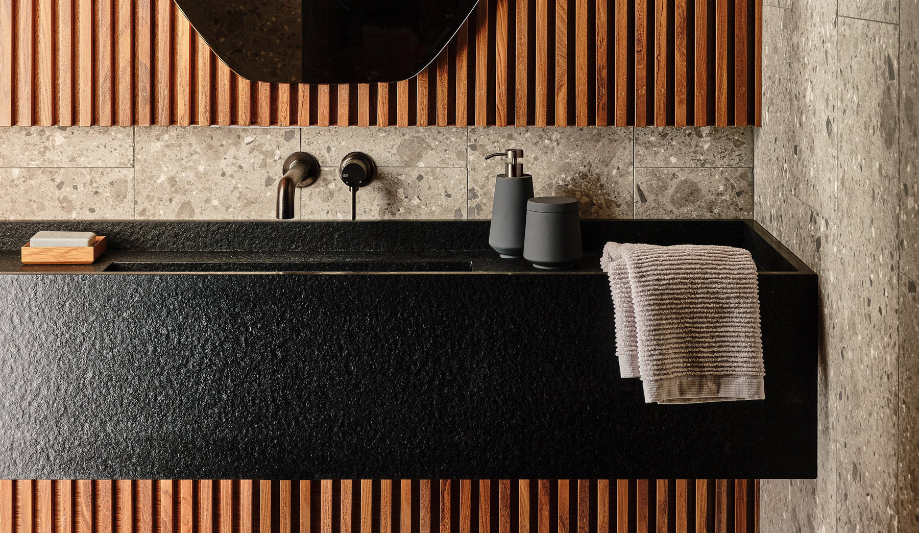 minimal modern home bathroom design with custom materials and specialty finishes